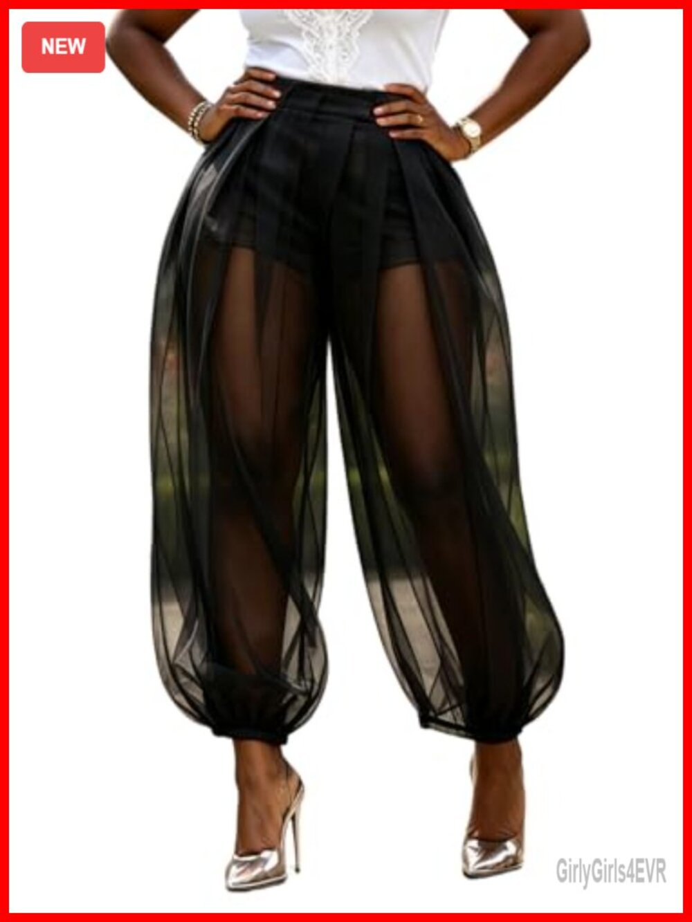 Sheer Tulle Mesh Balloon Lantern Pants High Waist Pleated Wide Leg Trousers